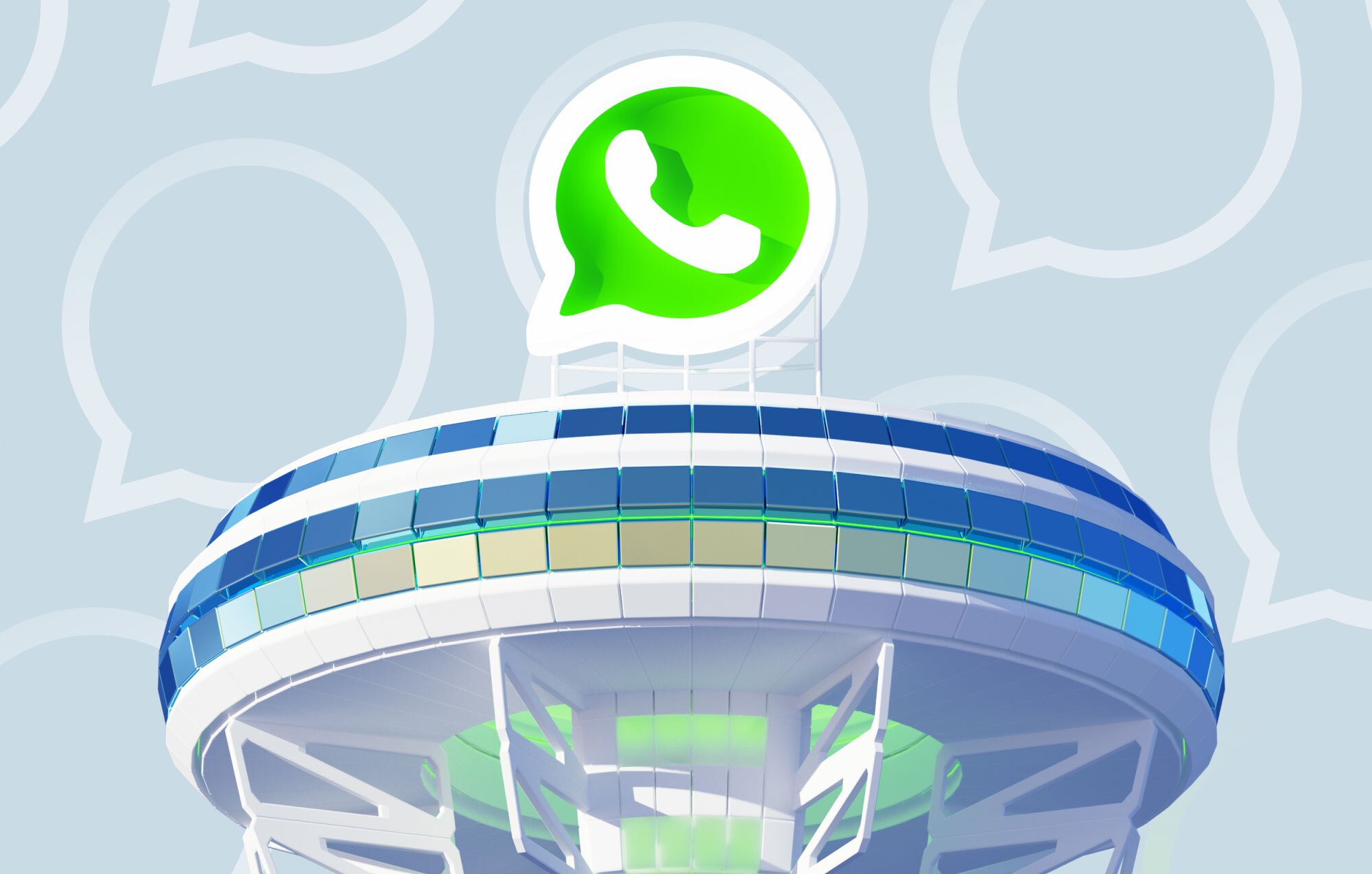 WhatsApp logo above an office building