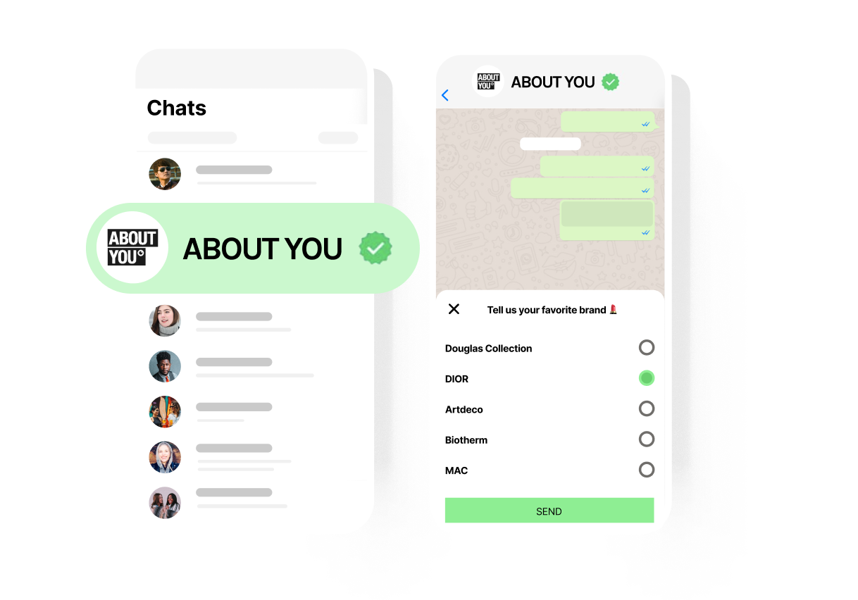  Mockup di un'interfaccia di chat per il cliente con un focus sull'interazione del marchio, che presenta una lista di chat e la visualizzazione delle conversazioni.